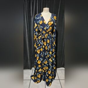 Xtaren Navy and Yellow Floral Long Sleeve Dress
